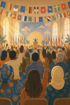 Raised Hands Beneath Colorful Hanging Flags