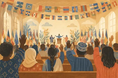 Raised Hands Beneath Colorful Hanging Flags