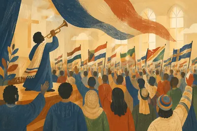 Congregation Waving Colorful Flags in Auditorium