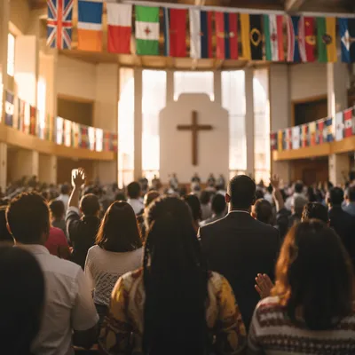 International Flags Above Church Congregation
