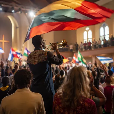 Trumpet Leader with Flags in Auditorium