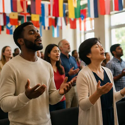 Multicultural Gathering Beneath International Flags