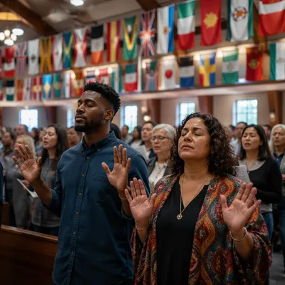 Diverse Congregation Beneath International Flags