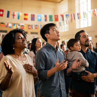 Multicultural Gathering Beneath International Flags