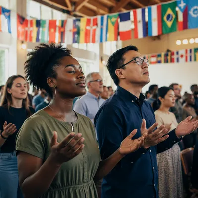 Diverse Congregation Beneath International Flags
