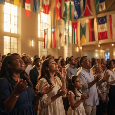 Multicultural Congregation Beneath International Flags