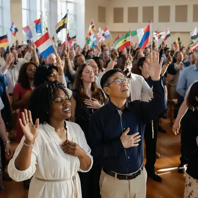 Diverse Congregation with Raised International Flags
