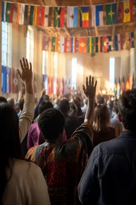 Diverse Congregation with Colorful Flags Indoors