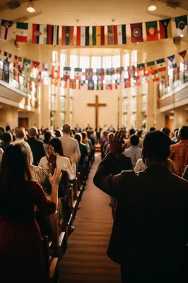 International Flags Above Church Congregation