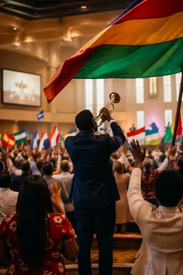 Crowd Waving Colorful Flags Indoors
