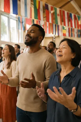 Multicultural Gathering Beneath International Flags