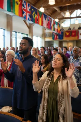Diverse Congregation Beneath International Flags