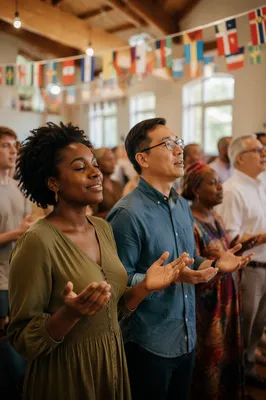Diverse Congregation Beneath International Flags