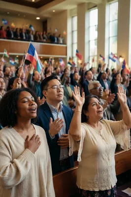 Diverse Congregation Holding International Flags Indoors