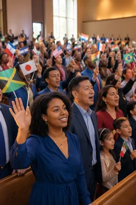 Diverse Congregation Waving International Flags Indoors