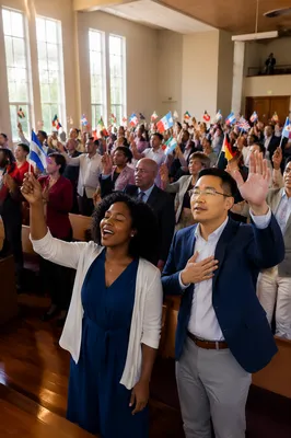 Diverse Congregation with Raised National Flags