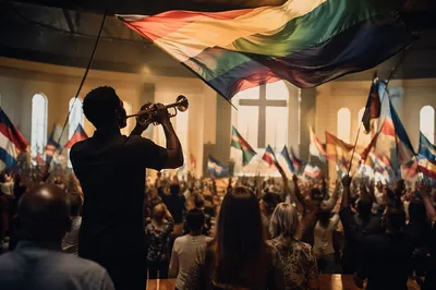 Trumpet Leader and Flags in Auditorium
