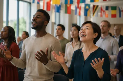 Multicultural Worship Gathering Beneath International Flags