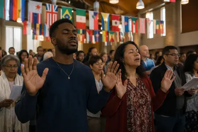 Diverse Congregation Beneath International Flags
