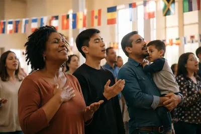 Multicultural Gathering Under International Flags