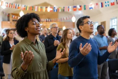 Diverse Congregation Beneath International Flags Indoors