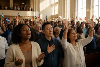 Diverse Congregation Holding International Flags Indoors