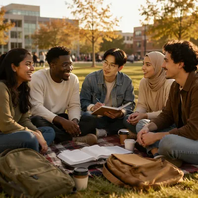 Diverse Students Gathering on Campus Lawn