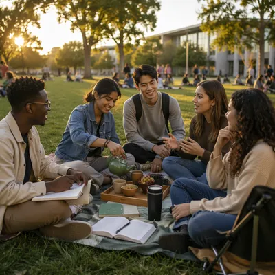 Diverse Students Gathering on Campus Lawn