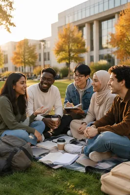 Diverse International Students Gathering on Campus