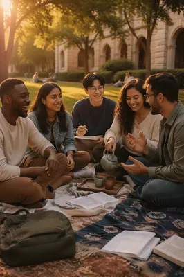 Diverse Students Gathering on Campus Lawn