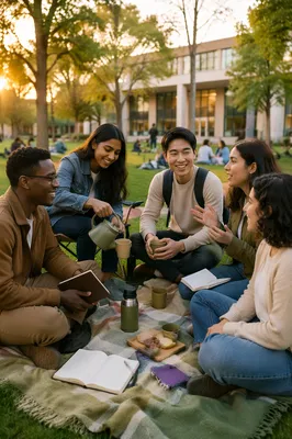 Diverse Students Gathering on Campus Lawn
