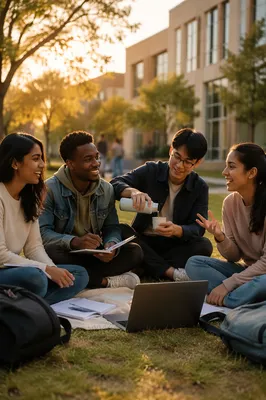 Diverse Students Gathering on Campus Lawn