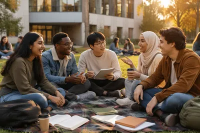 International Students Gathering on Campus Lawn