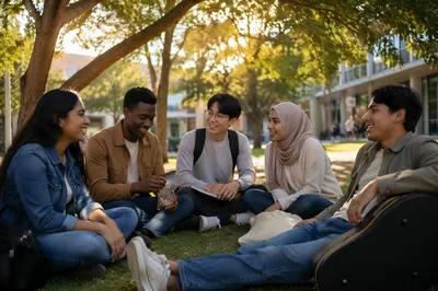 International Students Gathering on Campus Lawn