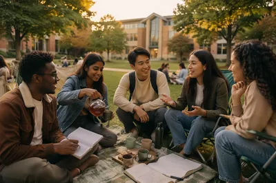 Diverse Students Gathering on Campus Lawn