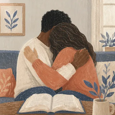 Interracial Couple Embracing During Home Bible Study