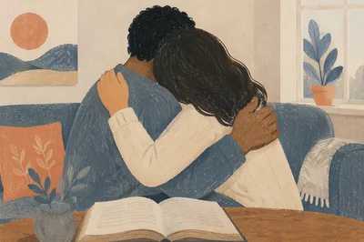 Interracial Couple Embracing During Home Bible Study