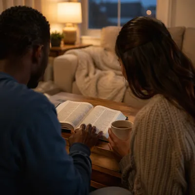 Interracial Couple Studying Bible at Home