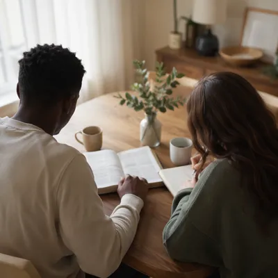 Interracial Couple Studying Bible at Home