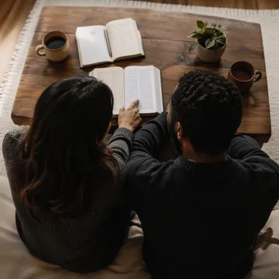 Interracial Couple Studying Bible at Home