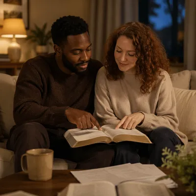 Interracial Couple Studying Bible at Home