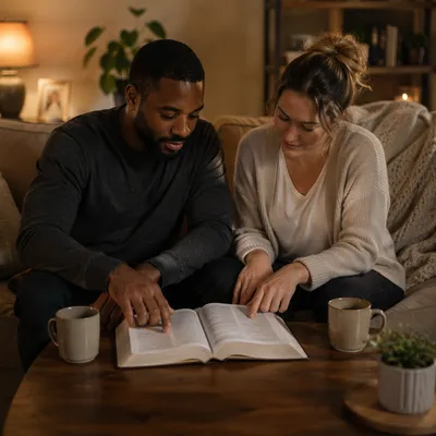 Interracial Couple Studying Scripture at Home