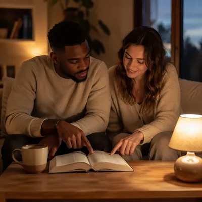 Interracial Couple Reading Together at Home