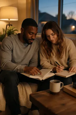 Interracial Couple Studying Bible at Home