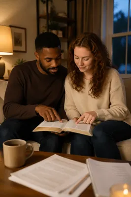 Interracial Couple Studying Bible at Home