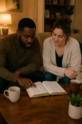 Interracial Couple Studying Scripture at Home