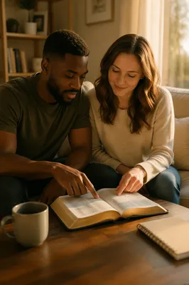 Interracial Couple Studying Bible at Home