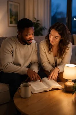 Interracial Couple Reading Together at Home