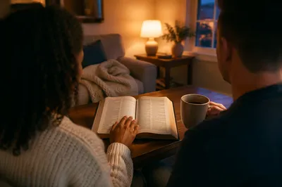 Interracial Couple Studying Bible at Home