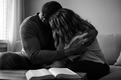 Interracial Couple Home Bible Study Embrace